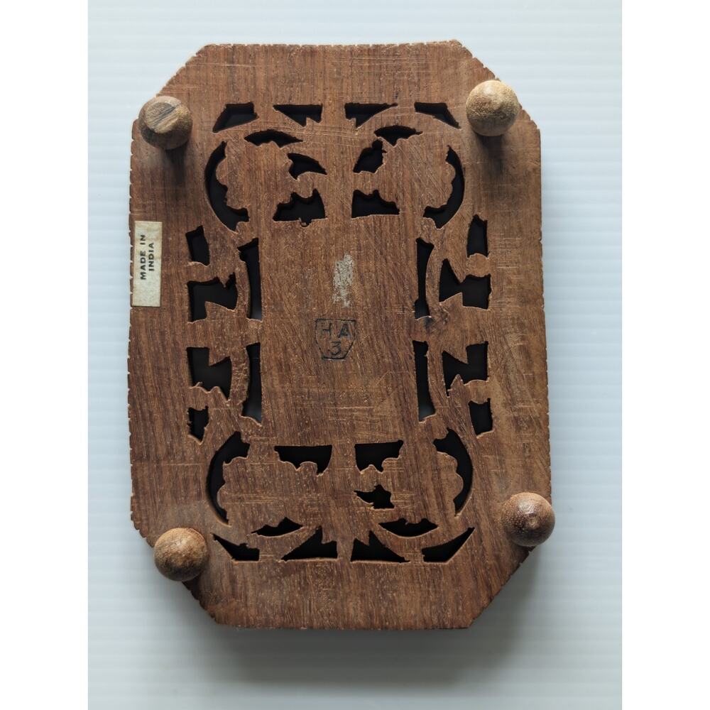 Vintage Hand-Carved Indian Wood Trivet / Decorative Stand with Inlay - Picture 2 of 4